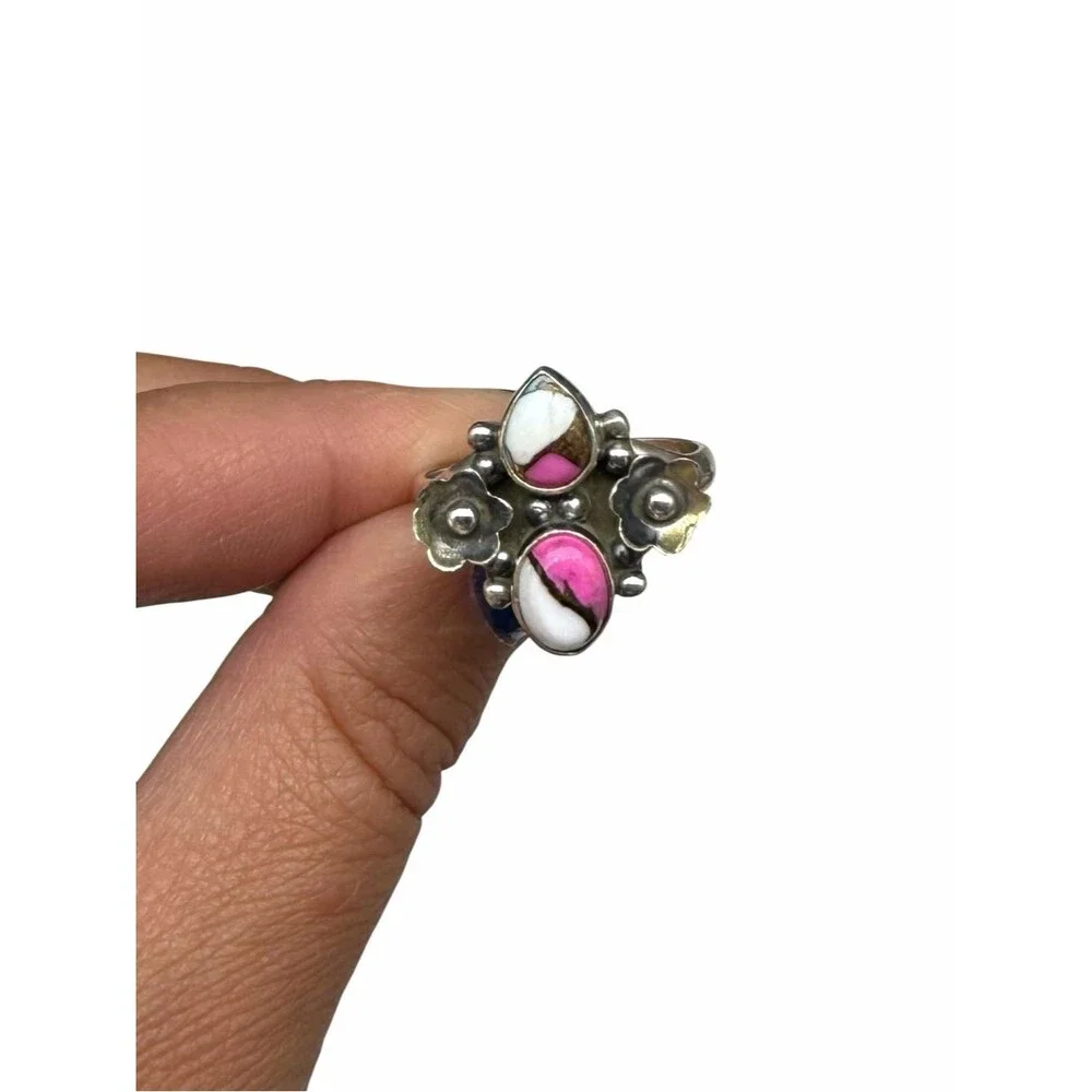 Cotton Candy Kingman Turquoise Flower Ring Size 10 Solid 925 Sterling Silver